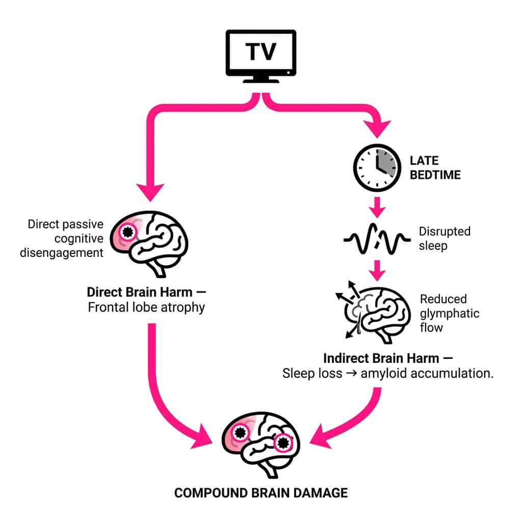 Double brain threat diagram showing TV watching causes both direct frontal lobe atrophy and indirect harm through sleep disruption and blocked glymphatic amyloid clearance."