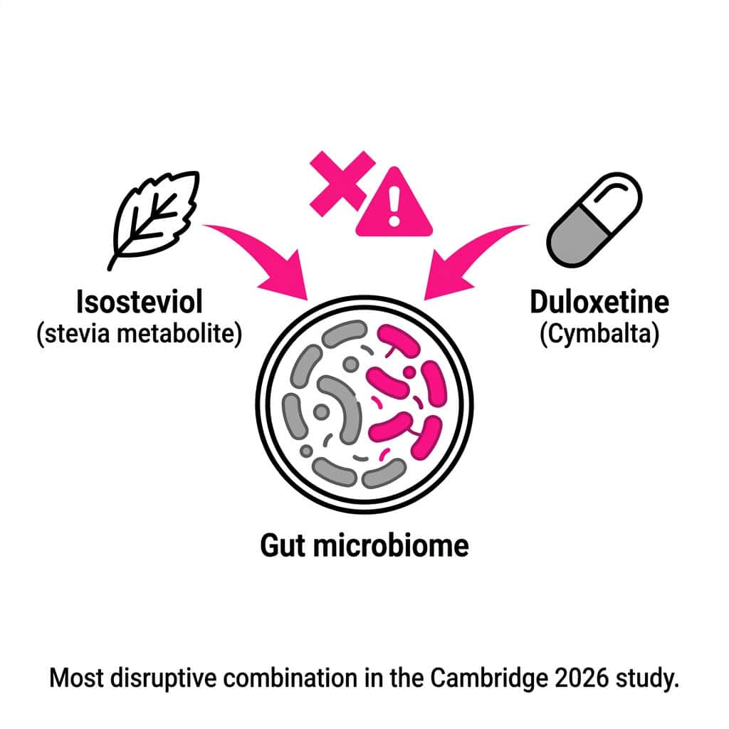 Are Artificial Sweeteners Safe? What 2026's Most Comprehensive Science Really Shows Warning diagram showing the Cambridge 2026 finding: isosteviol from stevia combined with duloxetine antidepressant was the most disruptive sweetener-drug combination for gut bacteria.