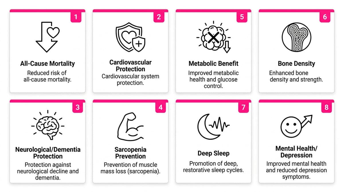 Eight strength training benefits illustrated as numbered cards: lower mortality, heart protection, brain health, sarcopenia prevention, fat reduction, bone density, deep sleep, and mental health."

