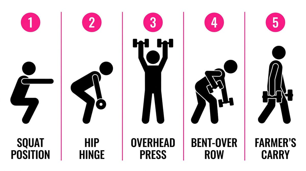 Five best strength training exercises for longevity: squat, hip hinge, overhead press, bent-over row, and farmer's carry, illustrated as flat-vector stick figures.