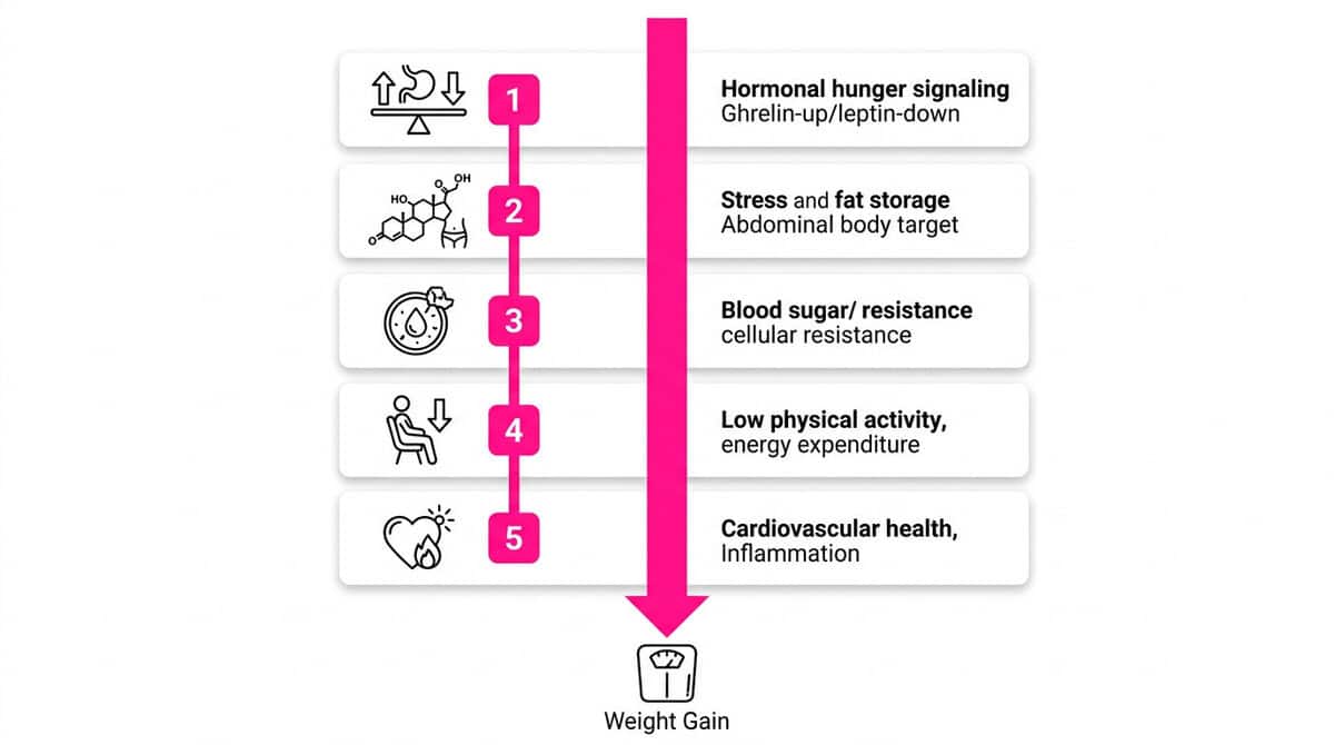 Five-mechanism diagram connecting sleep deprivation to weight gain through ghrelin/leptin disruption, cortisol, insulin resistance, inactivity, and cardiac inflammation."