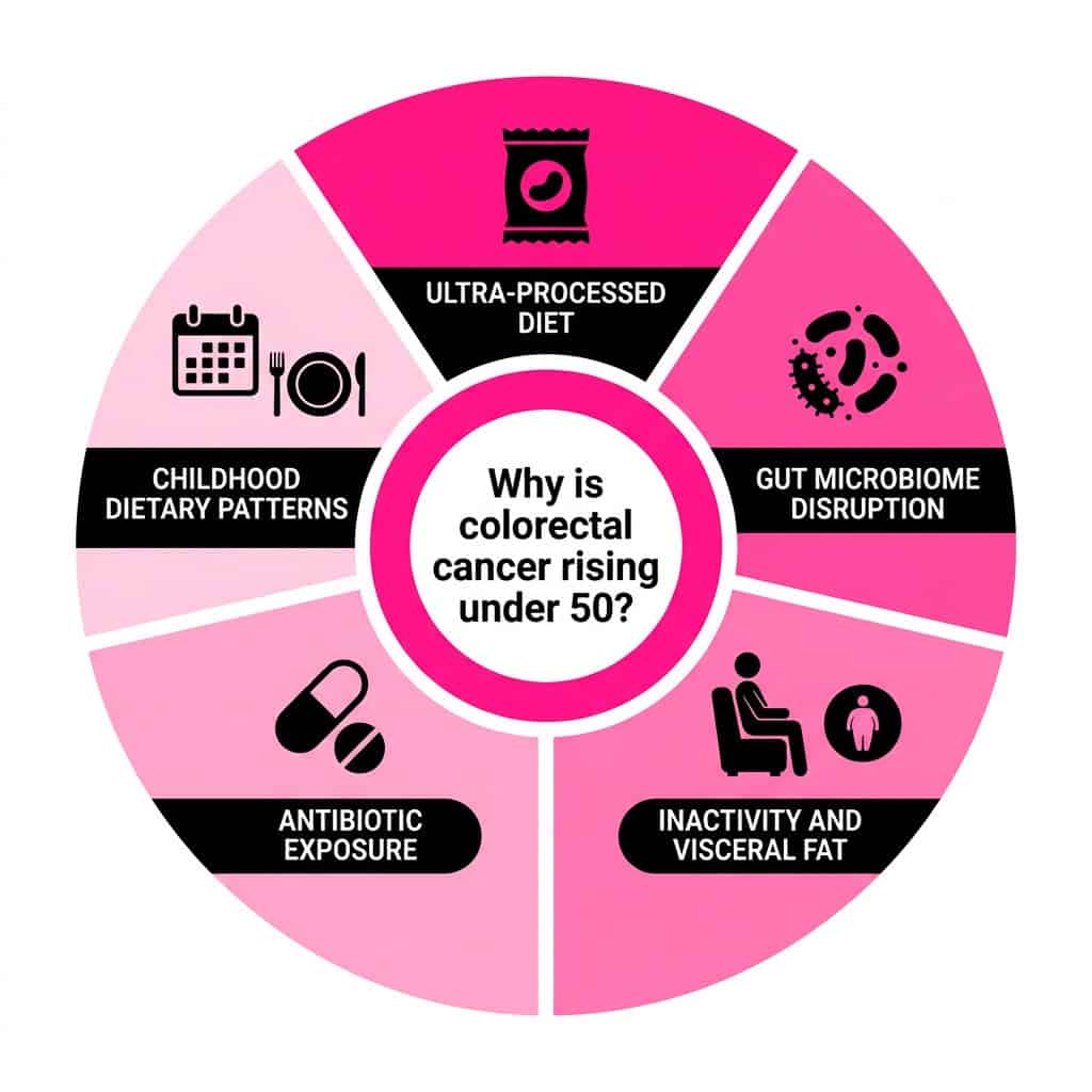 Five-segment circular diagram showing theories behind rising colorectal cancer in young adults: ultra-processed diet, gut microbiome disruption, sedentary lifestyle, antibiotic exposure, and childhood dietary patterns.