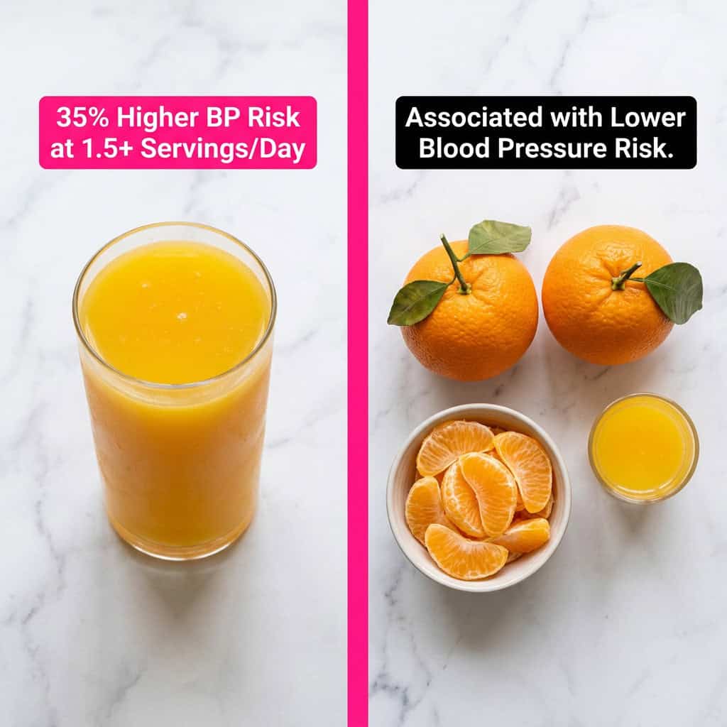 Sugary Drinks and High Blood Pressure: The 25-Year Harvard Study Every Parent Needs to Read Comparison showing a large glass of orange juice with hot pink 35% higher blood pressure risk label versus whole oranges with a lower risk label — illustrating why whole fruit is safer than fruit juice."
