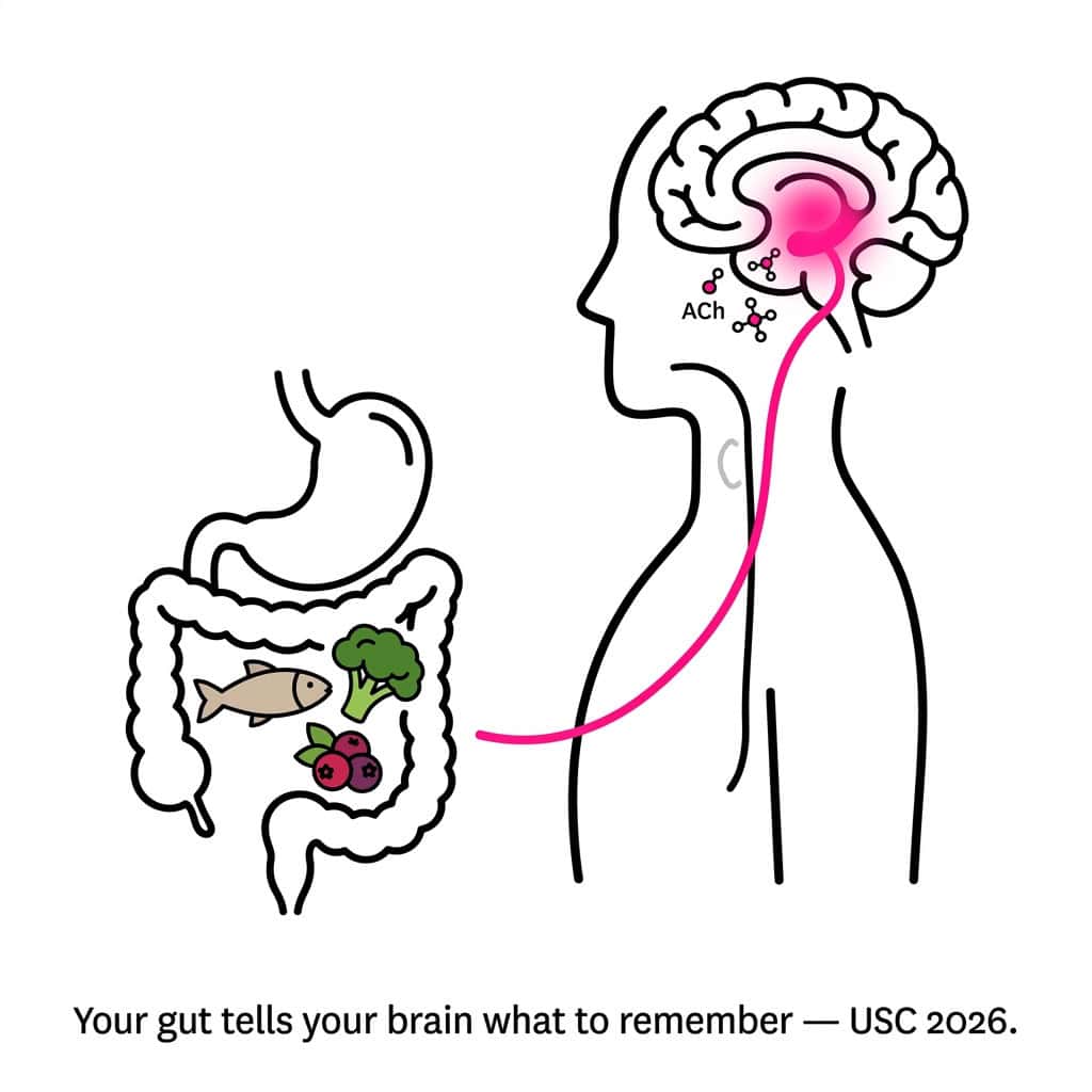 Diagram showing gut health and memory connection through vagus nerve to hippocampus acetylcholine pathway from USC 2026 Nature Communications study.