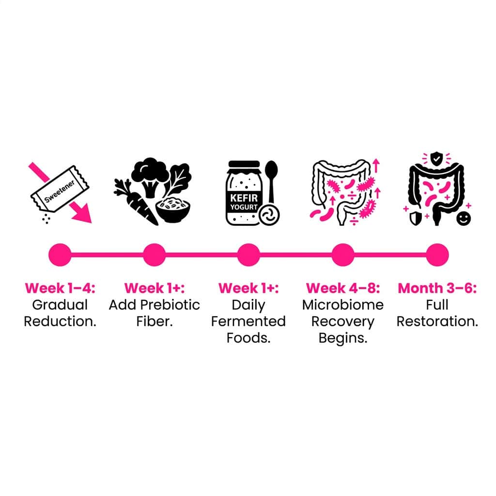 Are Artificial Sweeteners Safe? What 2026's Most Comprehensive Science Really Shows Five-stage gut recovery protocol timeline showing how to repair gut microbiome after heavy artificial sweetener use: gradual reduction, prebiotic fiber, fermented foods, bacterial recovery, and full restoration