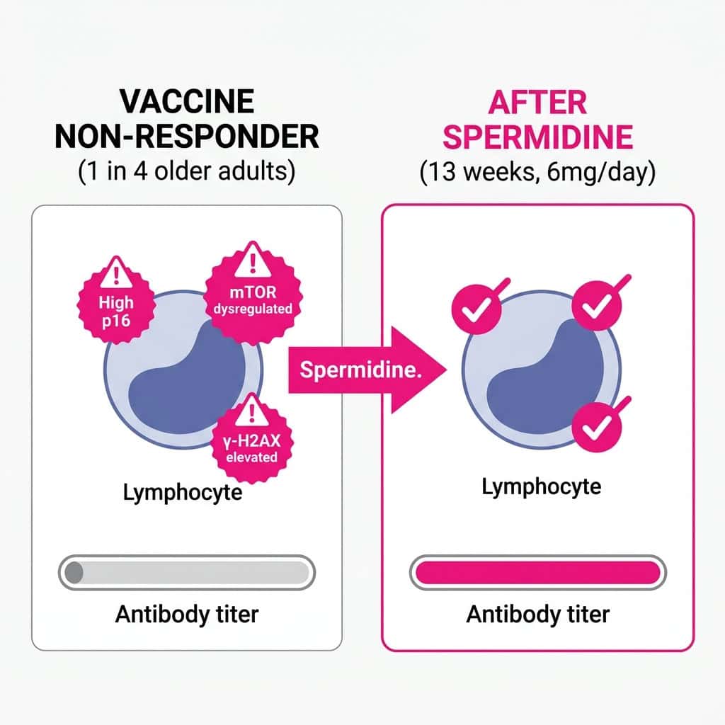 Split comparison diagram showing immunosenescence markers in vaccine non-responders versus reversed markers after 13 weeks of spermidine supplementation, with antibody response improvement."