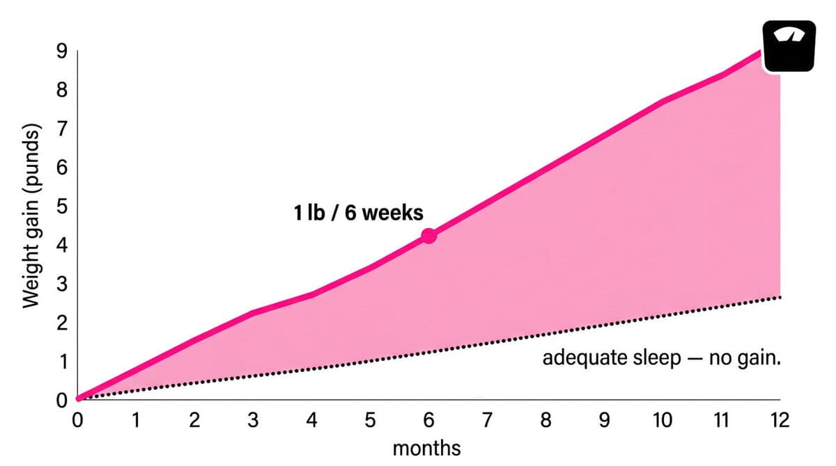 Line chart extrapolating the Columbia study finding: 80 minutes of nightly sleep loss projected to cause approximately 8–9 pounds of weight gain per year.