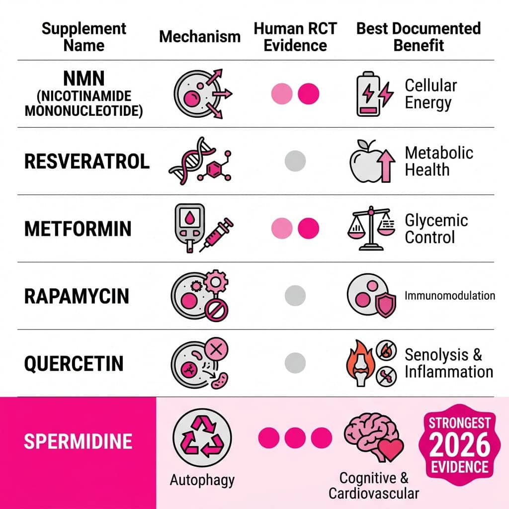 Longevity supplement comparison chart showing spermidine with the strongest 2026 human RCT evidence for immune rejuvenation compared to NMN, NR, resveratrol, fisetin, and quercetin.