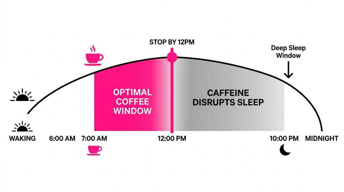 Circadian timing diagram showing the optimal morning coffee window between 7am and 12pm, and how afternoon caffeine disrupts the deep sleep window.