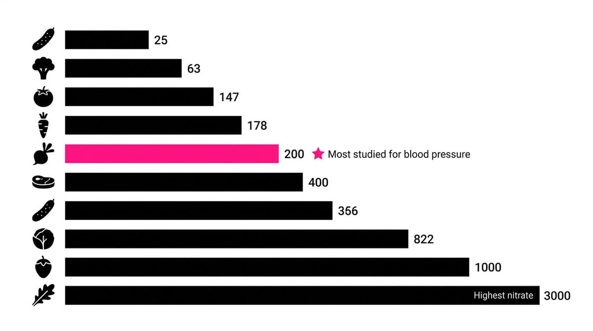 Bar chart ranking foods by dietary nitrate content, showing rocket and watercress higher than beetroot, with beetroot highlighted as the most studied for blood pressure.
