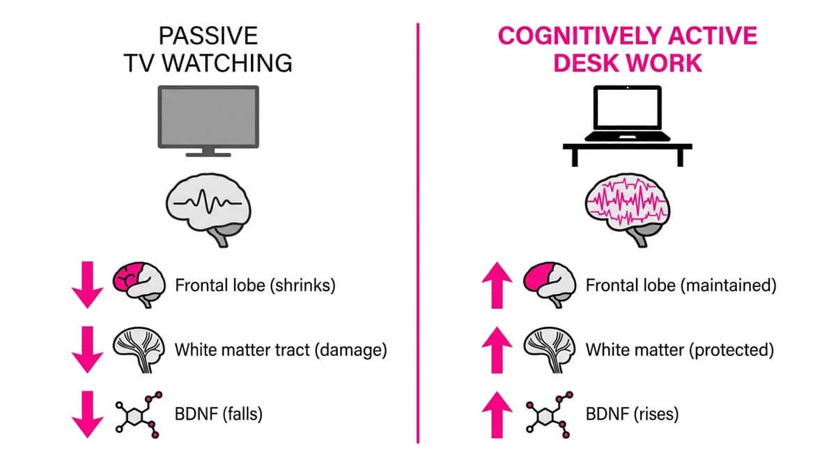 Two-column comparison showing passive TV watching shrinks brain regions and damages white matter while cognitively active desk work maintains frontal lobe volume and protects white matter.