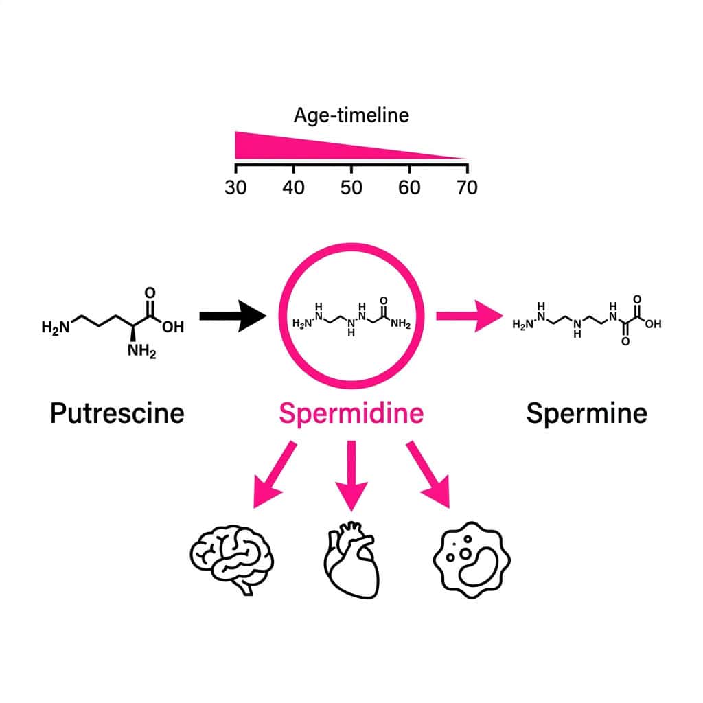 Polyamine pathway diagram showing putrescine converting to spermidine and spermine, with spermidine's benefits for brain, heart, and immune function highlighted and age-related level decline shown."