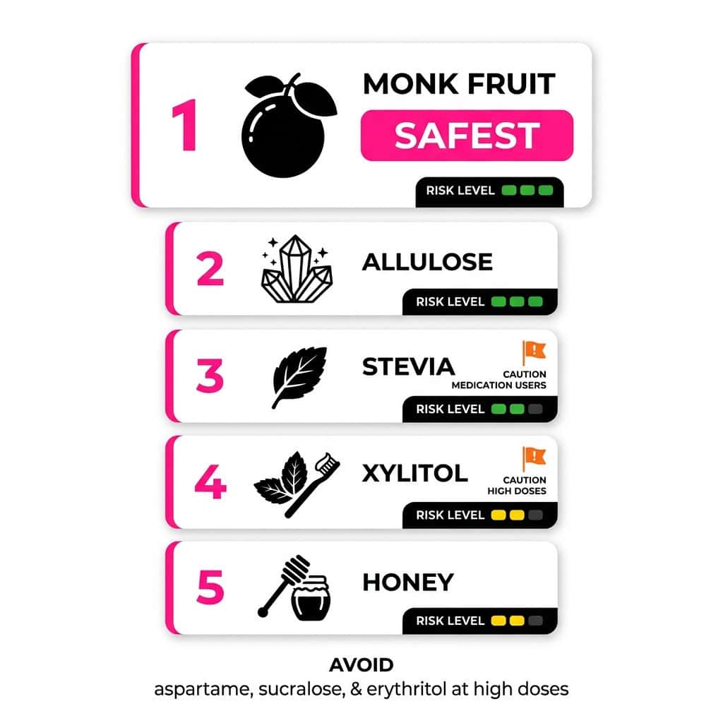 Are Artificial Sweeteners Safe? What 2026's Most Comprehensive Science Really Shows Five safest sweetener alternatives ranked by 2026 evidence: monk fruit first, allulose second, stevia third, xylitol (low dose) fourth, and small amounts of raw honey fifth.