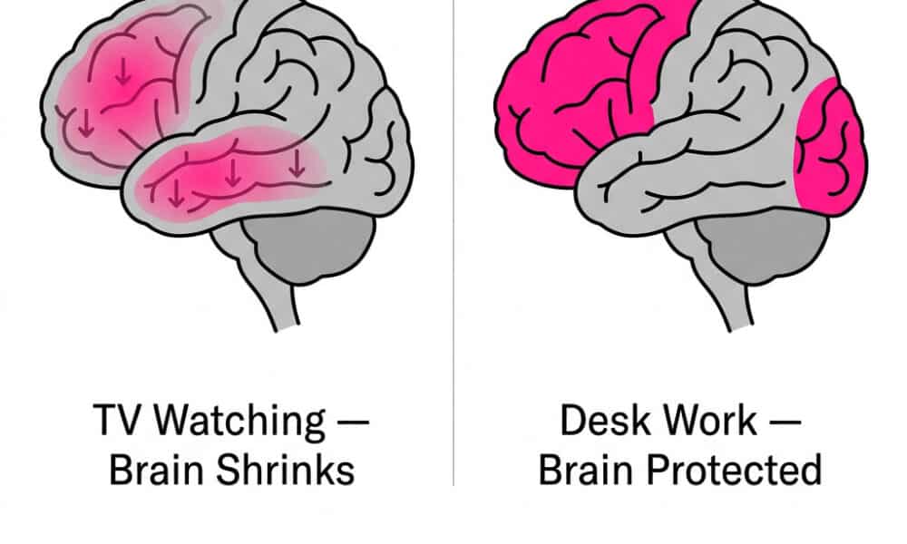Brain MRI comparison showing sedentary lifestyle and brain health impact — TV watching causes frontal lobe shrinkage while cognitively active sitting shows protective effects in USC 2026 study.