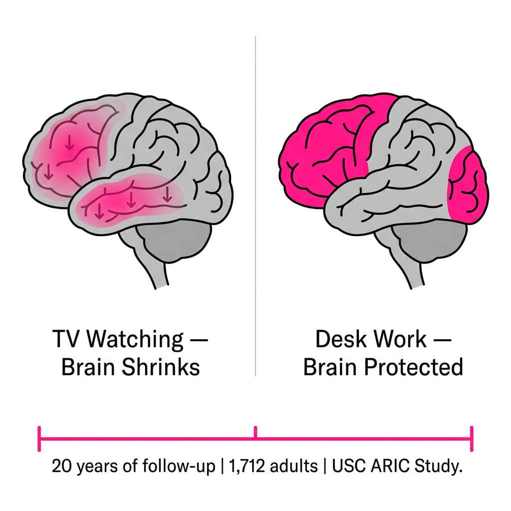 Brain MRI comparison showing sedentary lifestyle and brain health impact — TV watching causes frontal lobe shrinkage while cognitively active sitting shows protective effects in USC 2026 study.