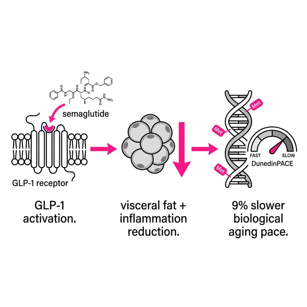 Diagram showing how GLP-1 activation reduces aging pace by affecting fat and DNA.