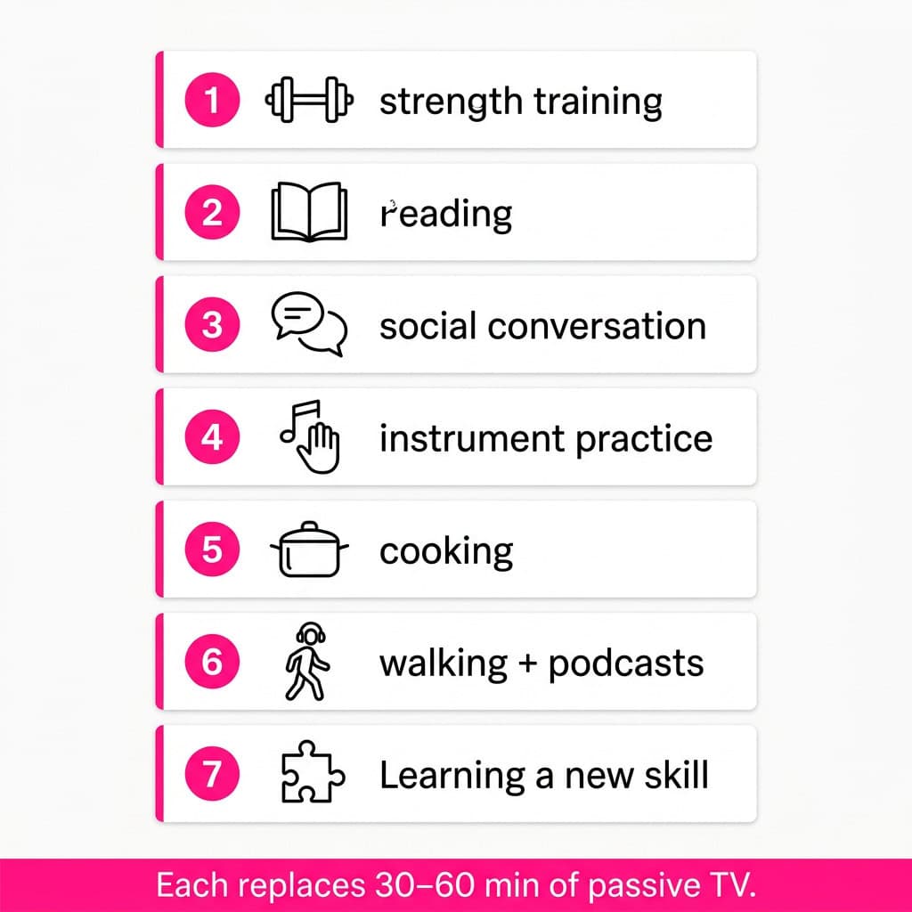 Seven evidence-based replacements for passive TV time ranked by brain health benefit: strength training, reading, social conversation, musical instrument, cooking, walking with podcasts, and learning a new skill.