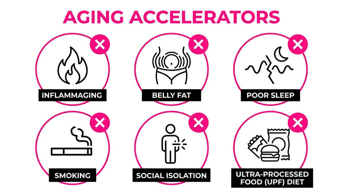 Six-panel diagram showing the primary accelerators of biological aging: inflammaging, visceral fat, poor sleep, smoking, social isolation, and ultra-processed food.