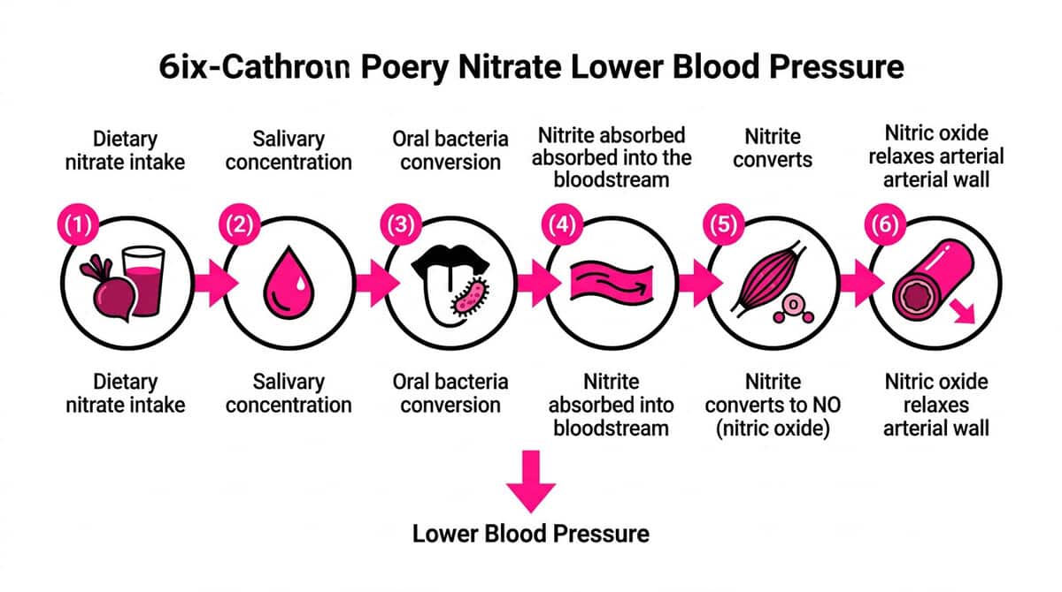 Six-step diagram showing the nitrate-nitrite-nitric oxide pathway: how beetroot juice benefits blood pressure from consumption to vasodilation."