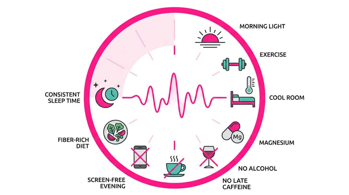 Clock-face infographic showing 10 science-backed strategies to increase deep sleep, including morning light, cool bedroom, magnesium, alcohol avoidance, and consistent sleep timing