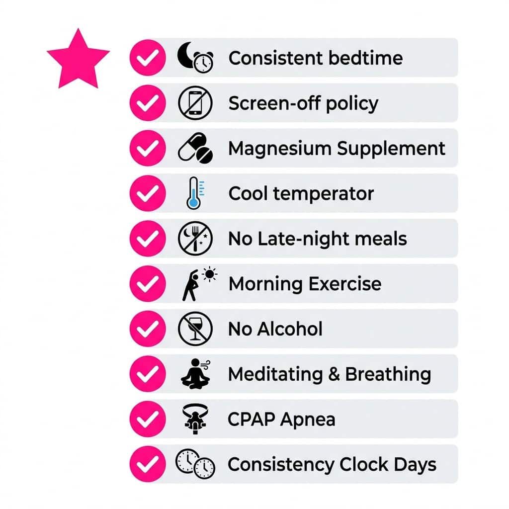 10-strategy sleep optimization checklist showing evidence-based habits to prevent sleep and weight gain: consistent bedtime, screen-free wind-down, magnesium, cool room, no late eating, morning exercise, no alcohol, stress management, sleep apnea treatment, and timing consistency.