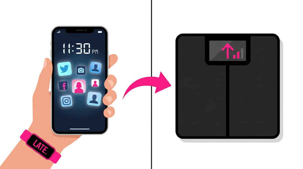 Infographic illustrating sleep and weight gain connection showing 80-minute sleep loss leading to 1 pound weight gain over 6 weeks in Columbia University 2026 study.