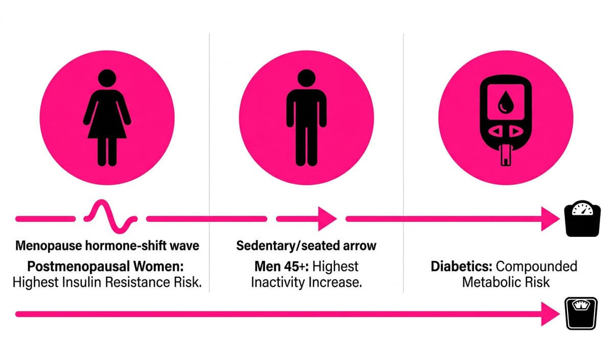 Three-panel infographic showing the special populations most at risk for sleep-related weight gain: postmenopausal women, men over 45, and people with type 2 diabetes.