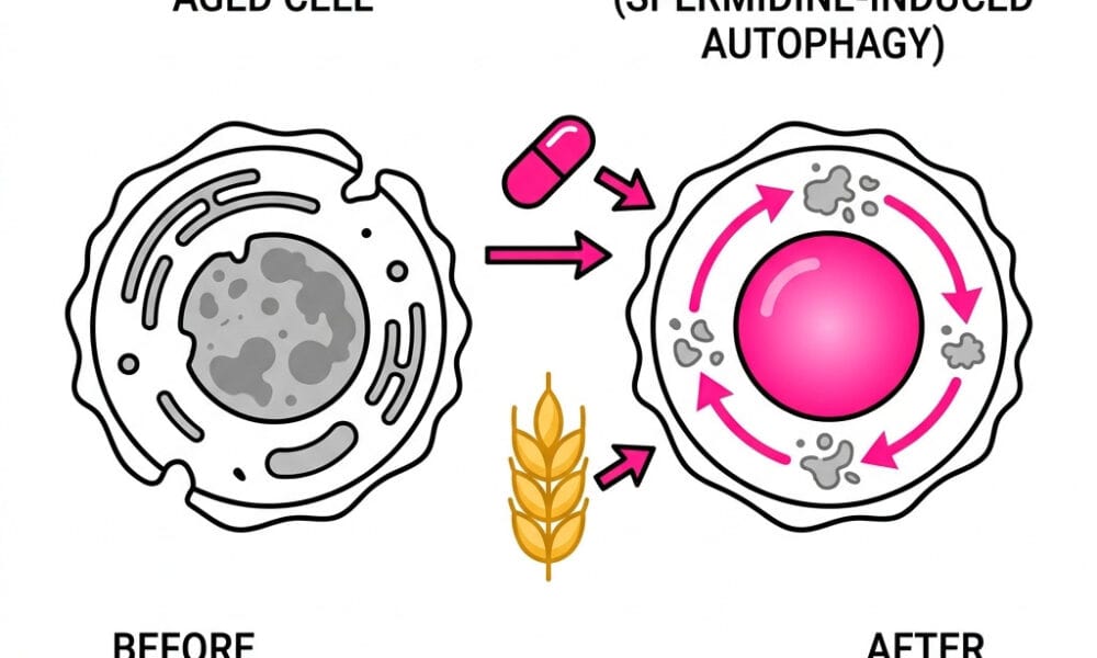 Diagram showing spermidine benefits including autophagy activation, immune cell senescence reversal, and vaccine response improvement from 2026 Oxford RCT."