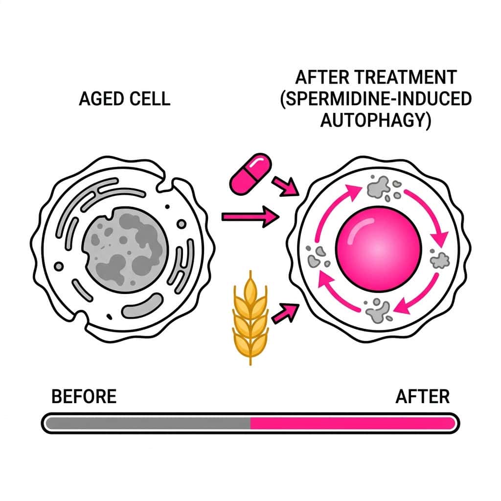 Diagram showing spermidine benefits including autophagy activation, immune cell senescence reversal, and vaccine response improvement from 2026 Oxford RCT."