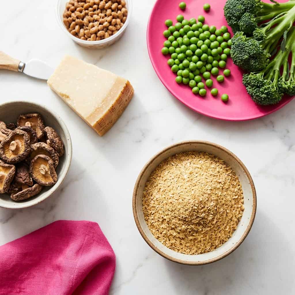 Flat-lay of the highest spermidine foods including wheat germ, mushrooms, aged parmesan, green peas, broccoli, and natto on a white marble surface with a hot pink accent."