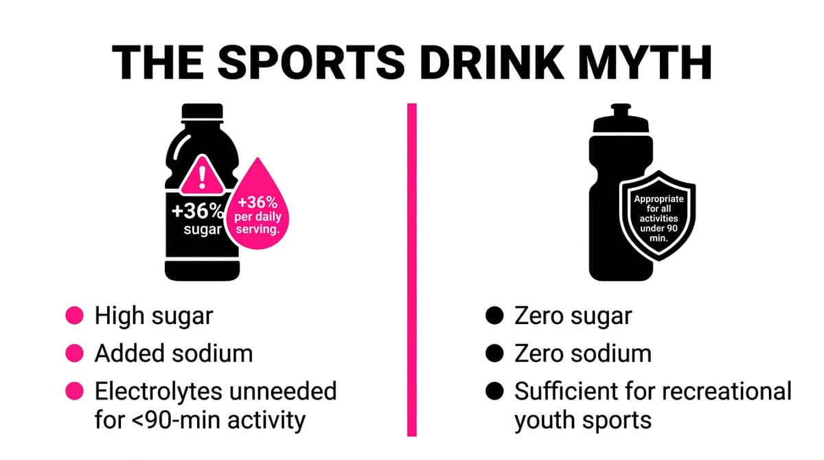 Sugary Drinks and High Blood Pressure: The 25-Year Harvard Study Every Parent Needs to Read Sports drink vs water comparison infographic showing sports drinks carry 36% higher blood pressure risk per serving and contain unnecessary sugar and sodium for recreational youth sports."