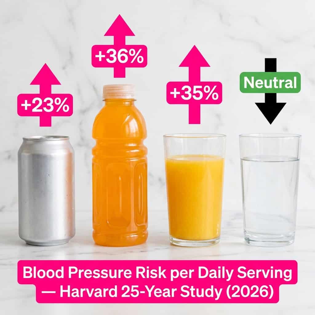 Chart showing sugary drinks and high blood pressure risk percentages from Harvard 25-year Circulation study — soda 23%, sports drinks 36%, fruit juice 35%, 2+ daily servings 52%.