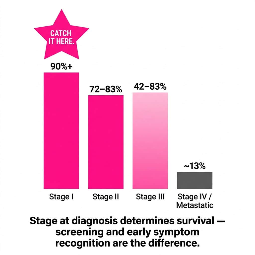 Colorectal cancer 5-year survival rate bar chart showing Stage I at 90%+ declining to approximately 13% at Stage IV, demonstrating the critical importance of early detection