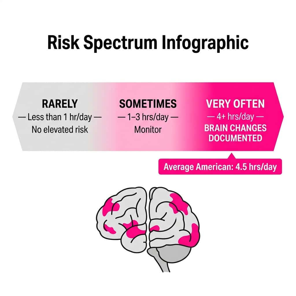 TV watching risk spectrum showing rarely, sometimes, and very often categories — with the 4+ hours per day category associated with measurable brain structure changes in the USC ARIC study.