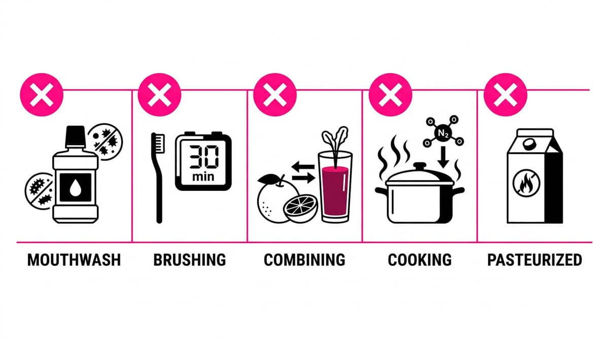 Five common mistakes that destroy beetroot juice benefits: antibacterial mouthwash, brushing before eating, grapefruit juice, cooking, and high-heat pasteurization."