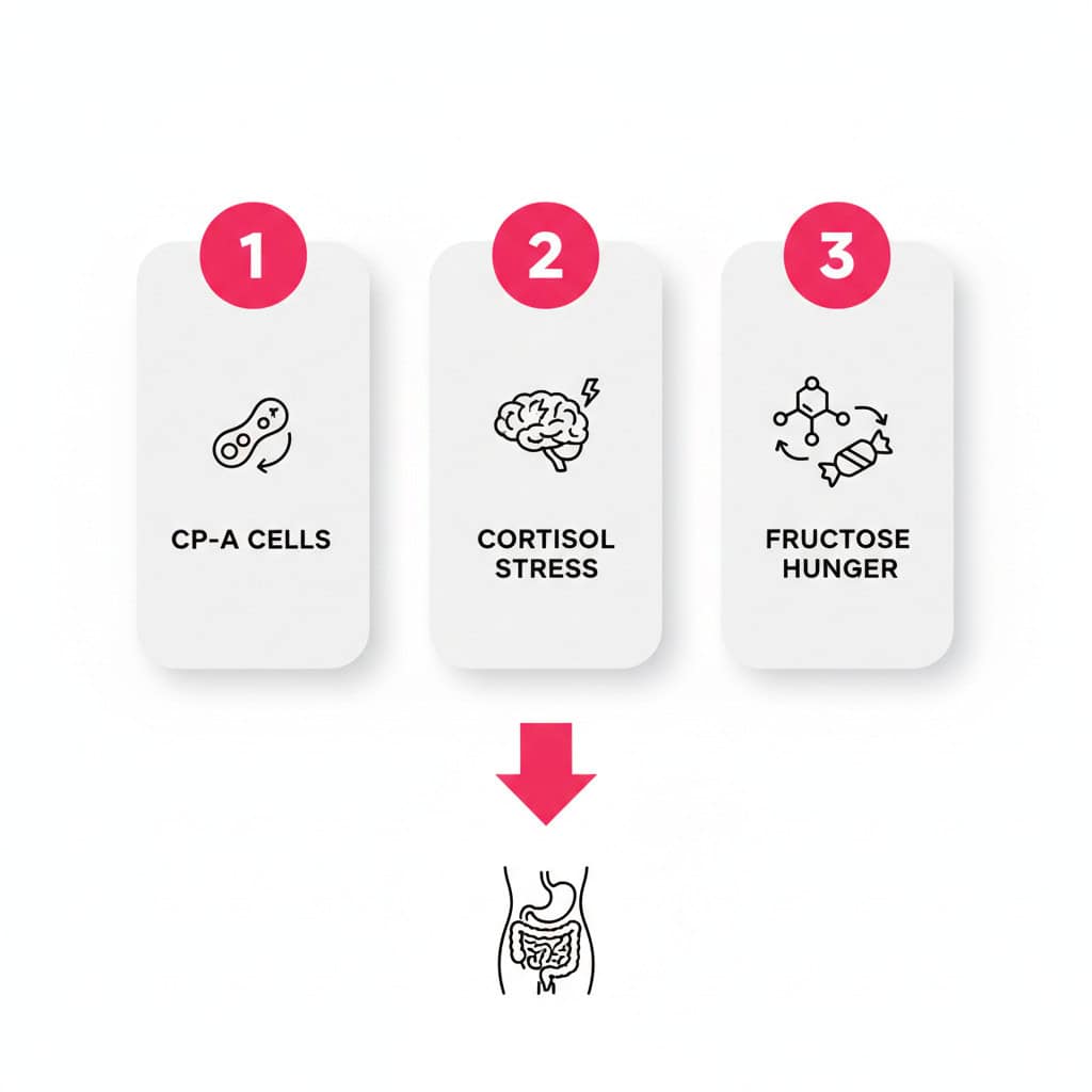 Infographic showing the three biological factors that compound to drive belly fat increases with age: CP-A stem cells, cortisol, and fructose hunger signaling.