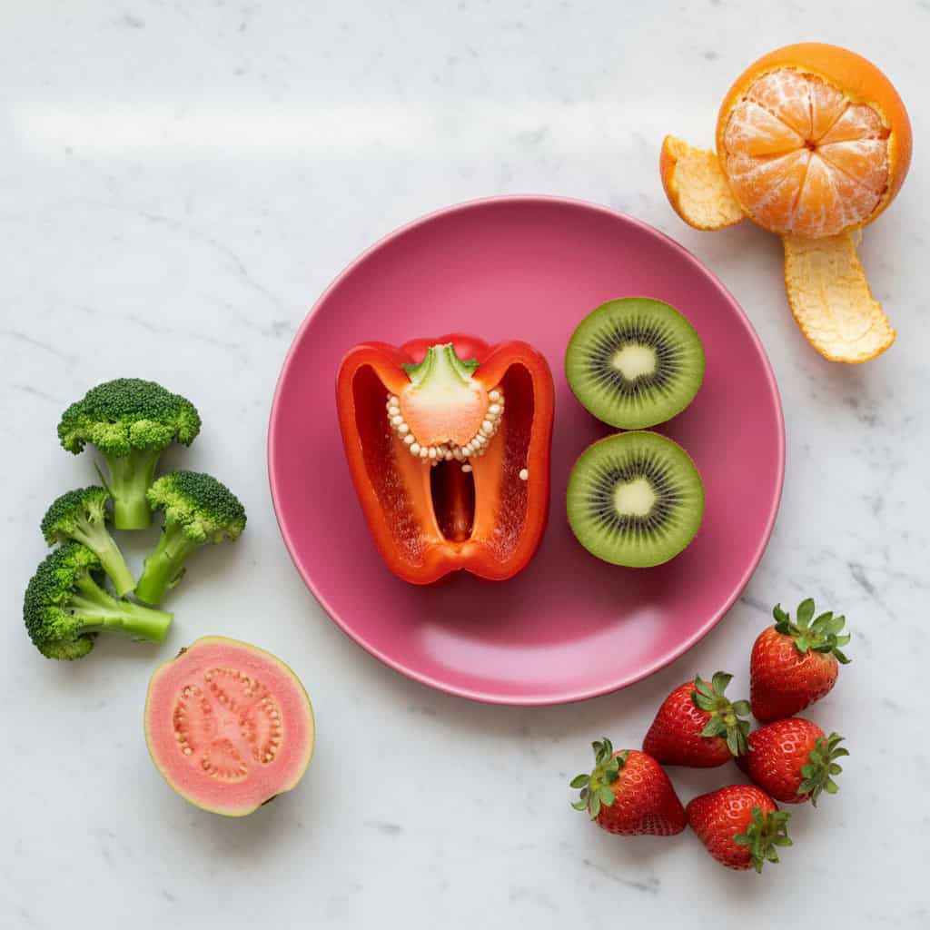 Vitamin C and Brain Health: New 2026 Study of 2,000 People Reveals the Gray Matter Connection Flat-lay of vitamin C-rich foods for brain health including red bell pepper, kiwi, strawberries, broccoli, guava, and orange on a white marble surface with a hot pink plate.