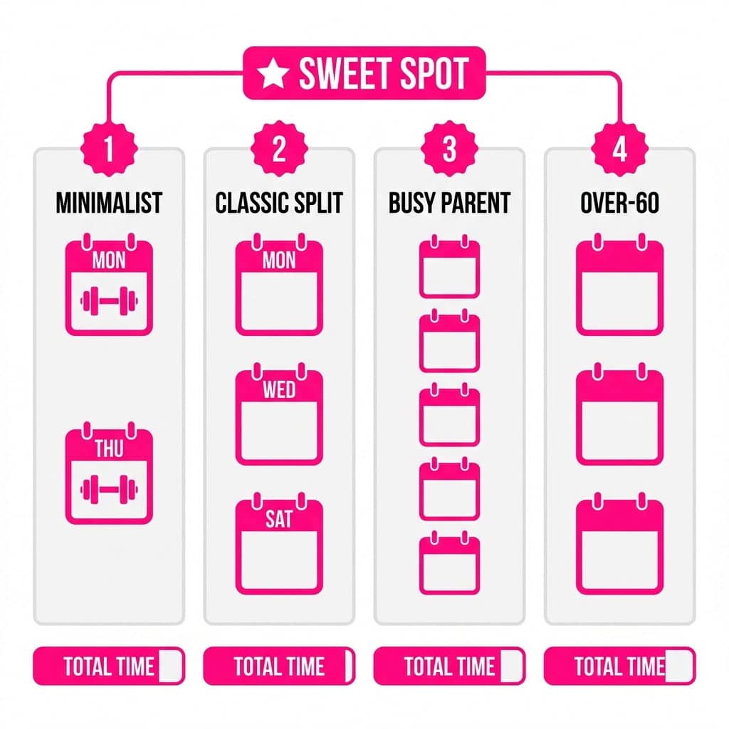 Four weekly strength training templates showing how to achieve the Harvard study's 90–120 minute longevity sweet spot across different schedules."