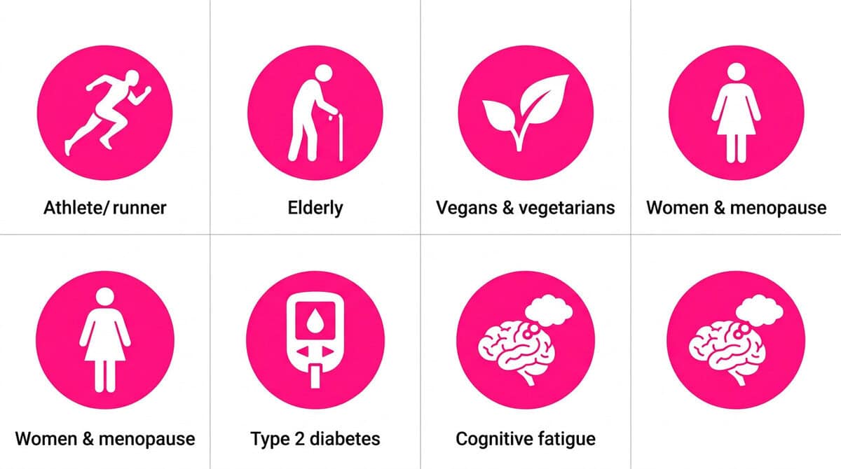 Creatine Benefits Beyond Muscle: The 2026 UCLA Cancer Discovery That Changes Everything Six-panel icon grid showing who benefits most from creatine supplementation: athletes, older adults, vegetarians, women, people with diabetes, and those with cognitive concerns.