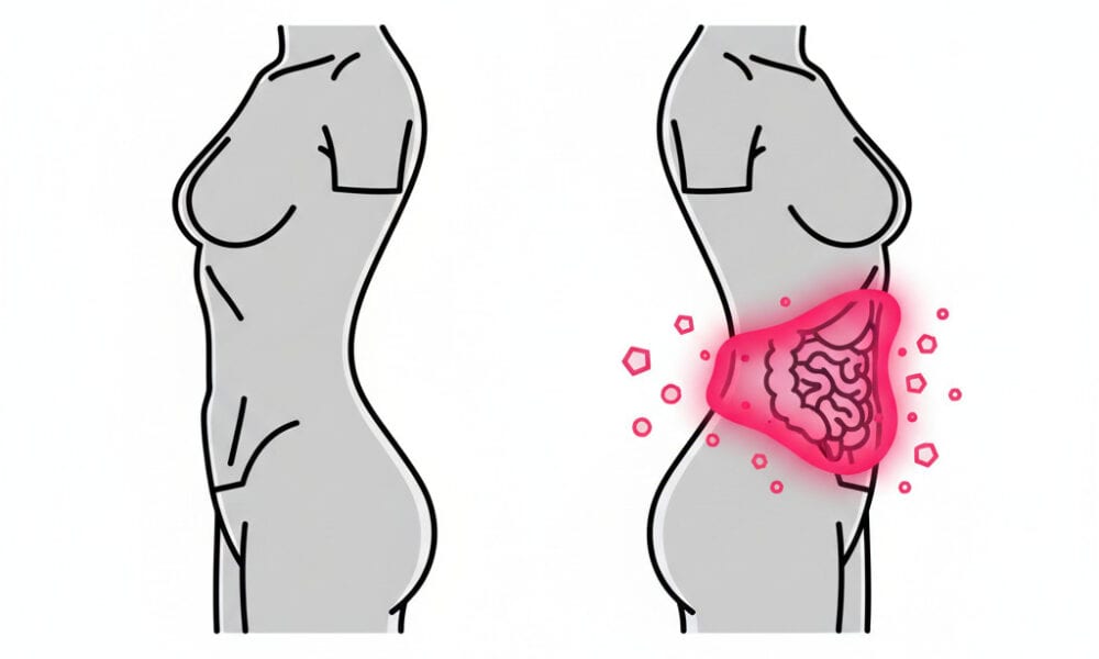 Diagram showing why belly fat increases with age through CP-A stem cell activation in middle age, illustrated as a split silhouette comparison.