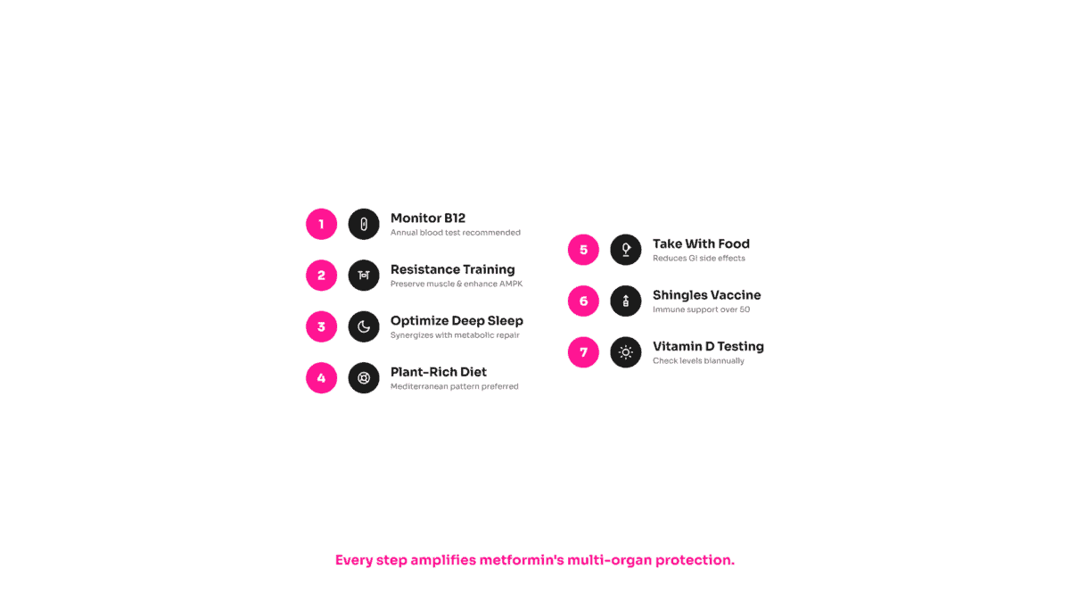 Seven-step metformin optimization protocol: B12 monitoring, resistance training, sleep, Mediterranean diet, take with food, shingles vaccine, vitamin D testing.