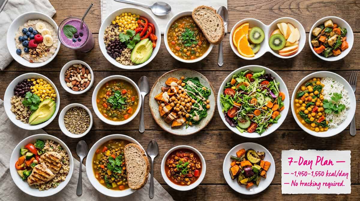 Plant-Based Diet Weight Loss: How Eating More Food Can Make You Lose Weight (JAMA 2026) Seven-day plant-based diet meal plan laid out overhead showing oatmeal, grain bowls, lentil soup, smoothies, and chickpea curry — the variety of satisfying low-energy-density meals for weight loss.