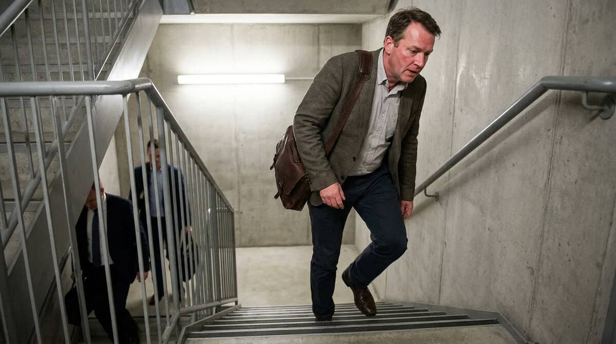 Person climbing office stairs actively at moderate pace — the six daily flights of stair climbing shown to reduce cardiovascular death risk by 39% in the UEA 2026 study.