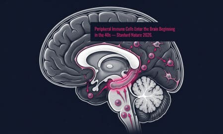 Diagram showing brain inflammation and Alzheimer's connection — immune cells from blood entering brain in midlife and hippocampal microglial inflammatory shift at age 50 from Stanford Nature and UC San Diego Science 2026 studies.