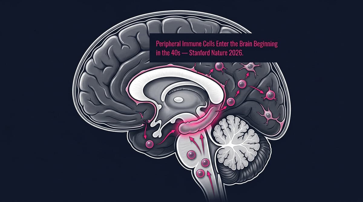 Diagram showing brain inflammation and Alzheimer's connection — immune cells from blood entering brain in midlife and hippocampal microglial inflammatory shift at age 50 from Stanford Nature and UC San Diego Science 2026 studies.