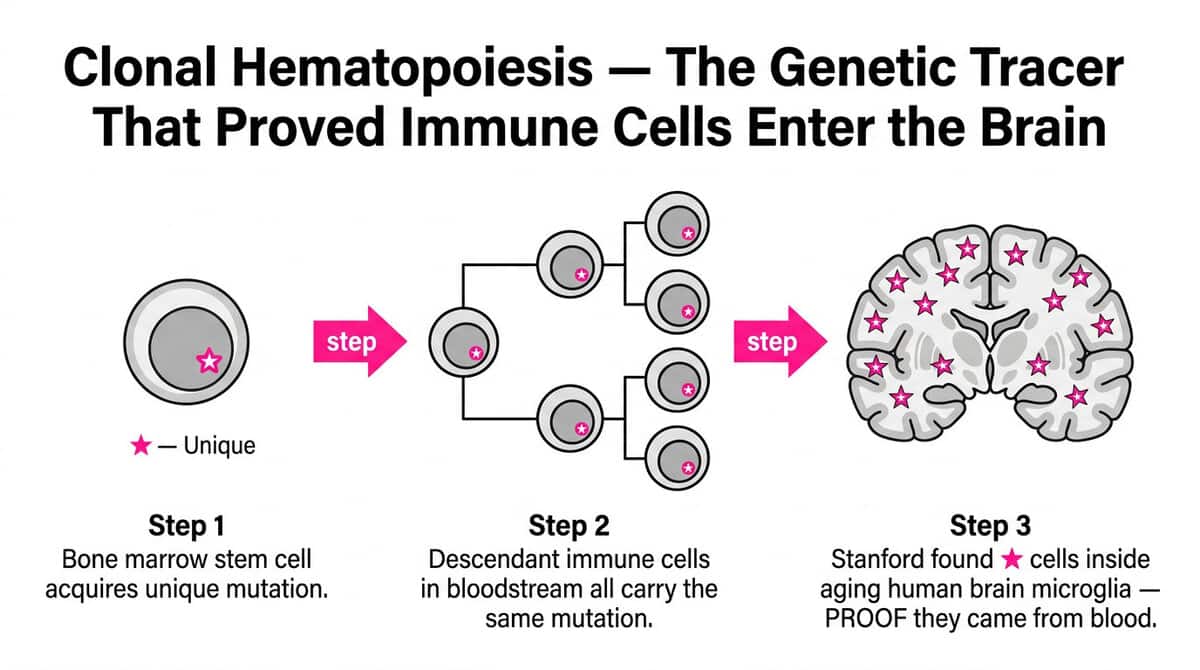 Brain Inflammation and Alzheimer's: The 2026 Stanford Discovery That Changes Everything We Know About Dementia Clonal hematopoiesis genetic tracing methodology showing how Stanford researchers proved blood immune cells enter the aging human brain by tracking unique bone marrow mutation signatures.