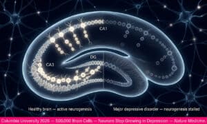 Diagram showing depression and the brain connection — hippocampal neurogenesis stalls in major depressive disorder based on Columbia 2026 Nature Medicine study analyzing 500,000 brain cells.