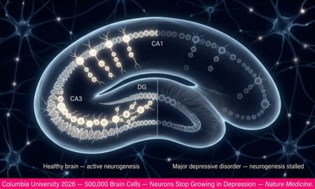 Diagram showing depression and the brain connection — hippocampal neurogenesis stalls in major depressive disorder based on Columbia 2026 Nature Medicine study analyzing 500,000 brain cells.