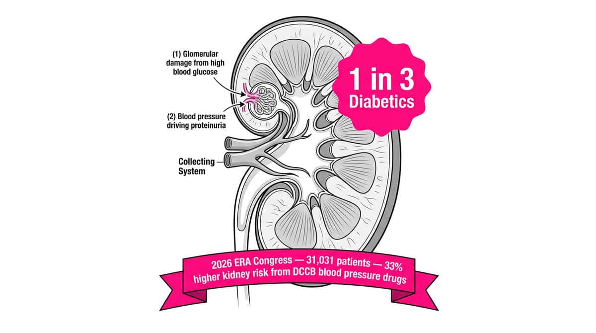 Diagram showing diabetic kidney disease stages by eGFR and albuminuria level with 2026 ERA Congress finding that DCCB blood pressure drugs raise kidney risk by 33%.