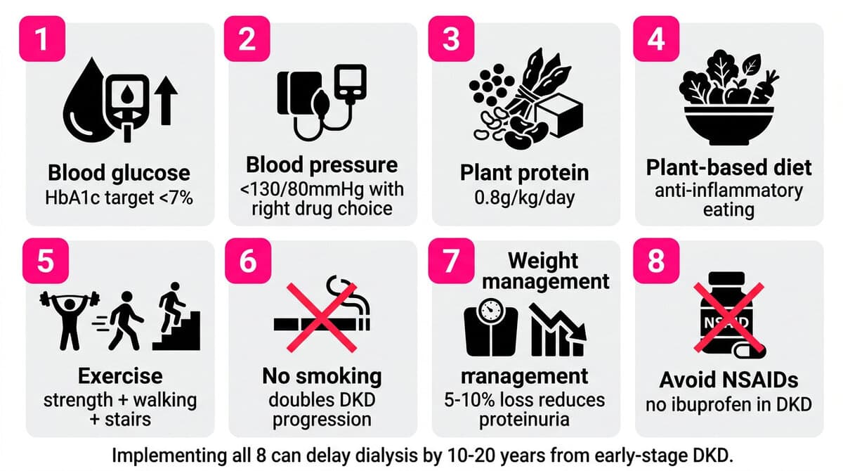 Eight-intervention diabetic kidney disease prevention action plan covering blood sugar control, blood pressure management, plant protein diet, exercise, smoking cessation, weight management, NSAID avoidance.